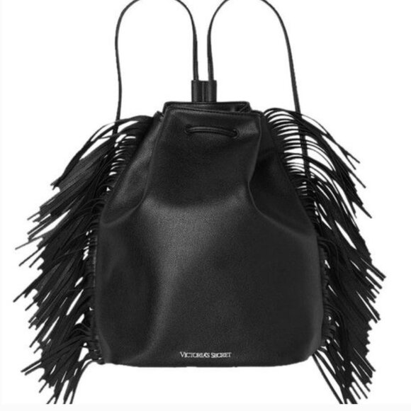 Victoria's Secret Vegan Leather Black Drawstring Fringe Tassel Backpack   NWOT - Picture 2 of 12